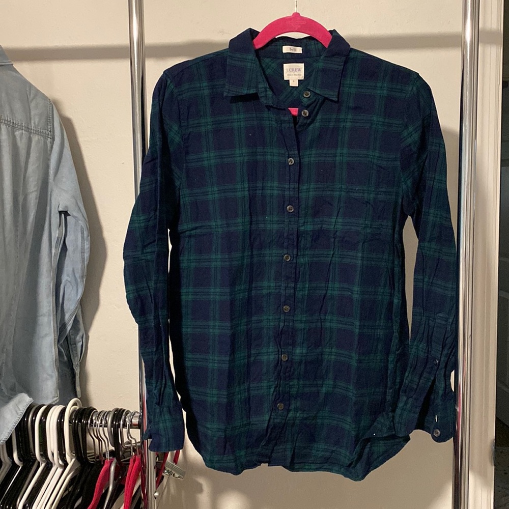 Womens J Crew Boy Fit Navy & Green Button Down Shirt Size Small